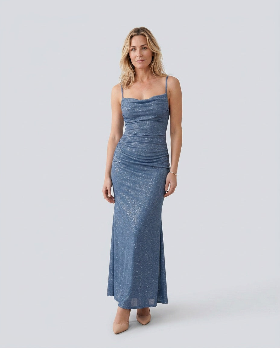 Valentina Metallic Sheen Ruched Fishtail Maxi Dress - Blue
