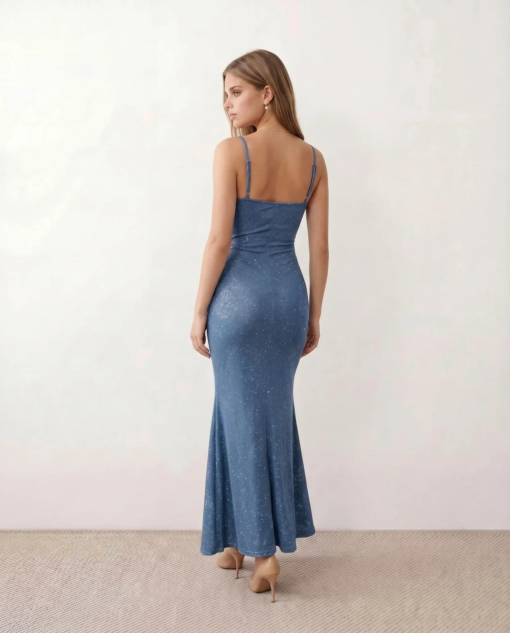 Valentina Metallic Sheen Ruched Fishtail Maxi Dress - Blue