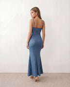 Valentina Metallic Sheen Ruched Fishtail Maxi Dress - Blue
