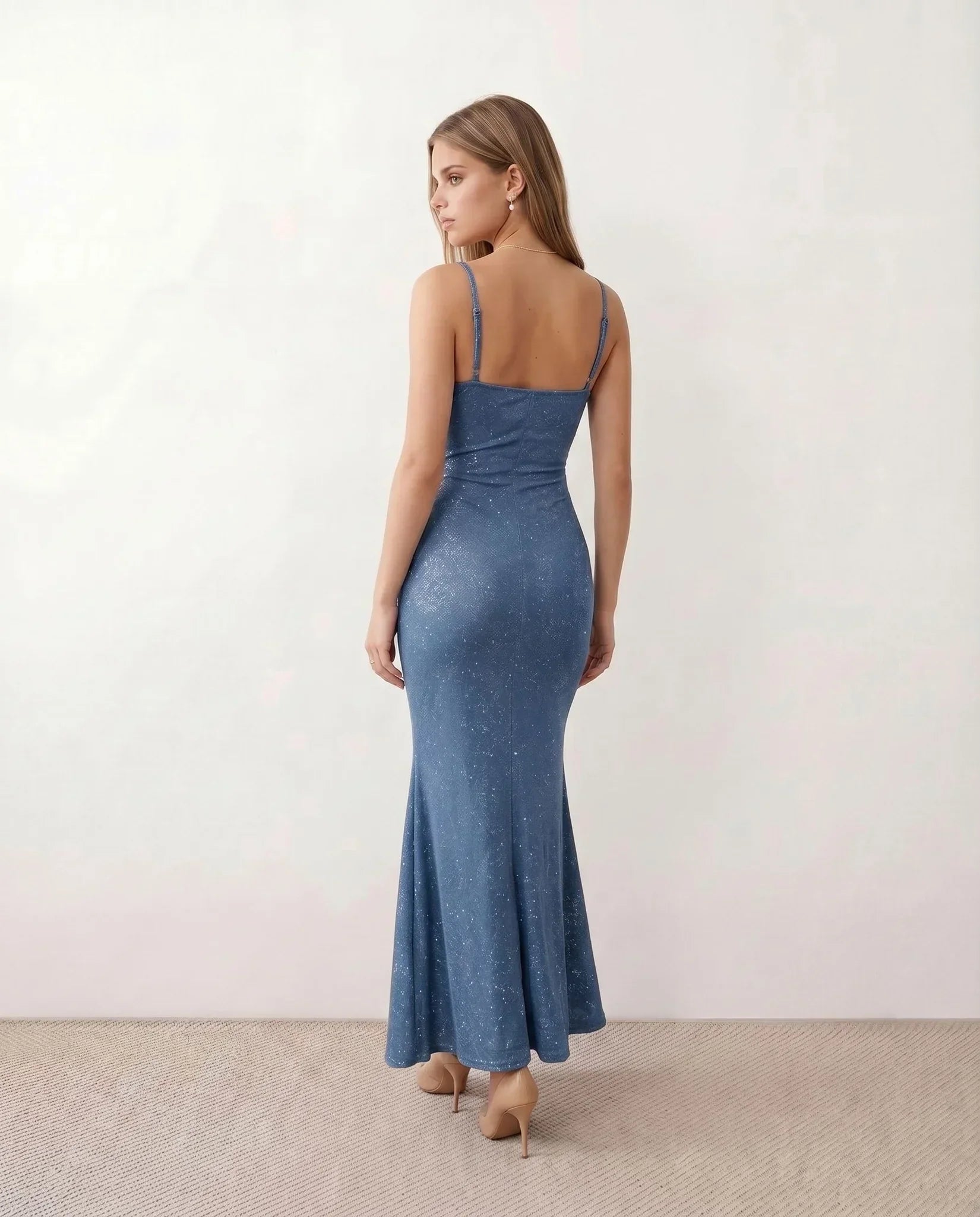 Valentina Metallic Sheen Ruched Fishtail Maxi Dress - Blue