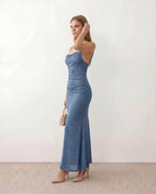 Valentina Metallic Sheen Ruched Fishtail Maxi Dress - Blue
