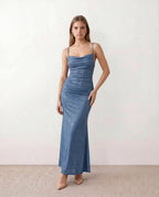 Valentina Metallic Sheen Ruched Fishtail Maxi Dress - Blue