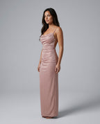 Valentina Metallic Sheen Ruched Fishtail Maxi Dress - Pink