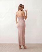 Valentina Metallic Sheen Ruched Fishtail Maxi Dress - Pink