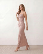 Valentina Metallic Sheen Ruched Fishtail Maxi Dress - Pink