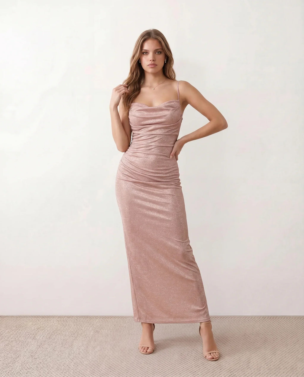 Valentina Metallic Sheen Ruched Fishtail Maxi Dress - Pink