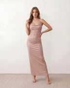 Valentina Metallic Sheen Ruched Fishtail Maxi Dress - Pink