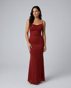 Valentina Metallic Sheen Ruched Fishtail Maxi Dress - Red