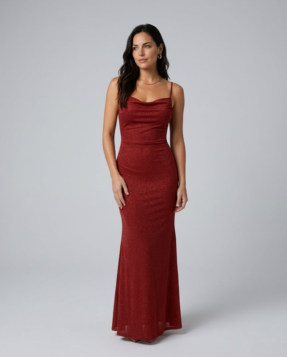 Valentina Metallic Sheen Ruched Fishtail Maxi Dress - Red