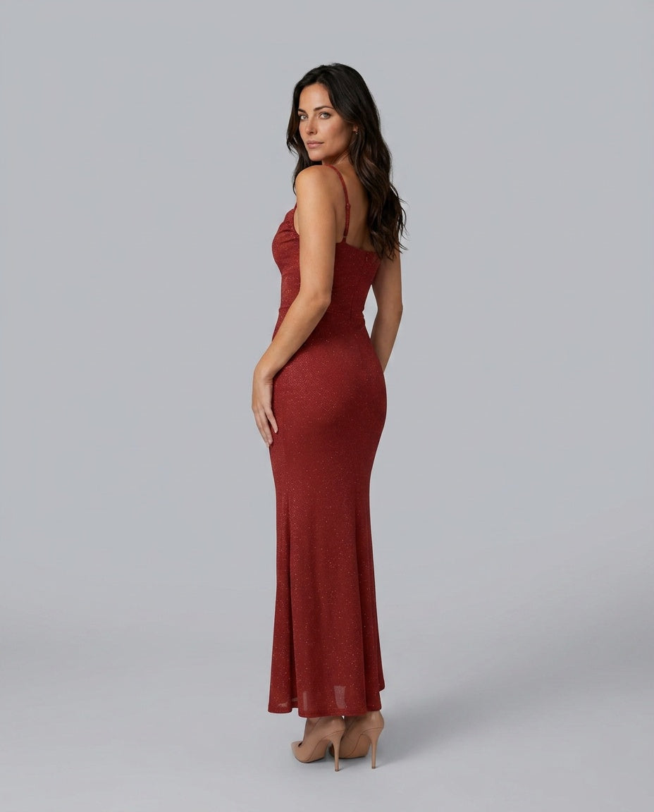 Valentina Metallic Sheen Ruched Fishtail Maxi Dress - Red