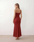 Valentina Metallic Sheen Ruched Fishtail Maxi Dress - Red