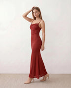 Valentina Metallic Sheen Ruched Fishtail Maxi Dress - Red