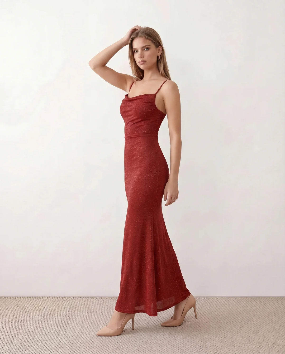 Valentina Metallic Sheen Ruched Fishtail Maxi Dress - Red