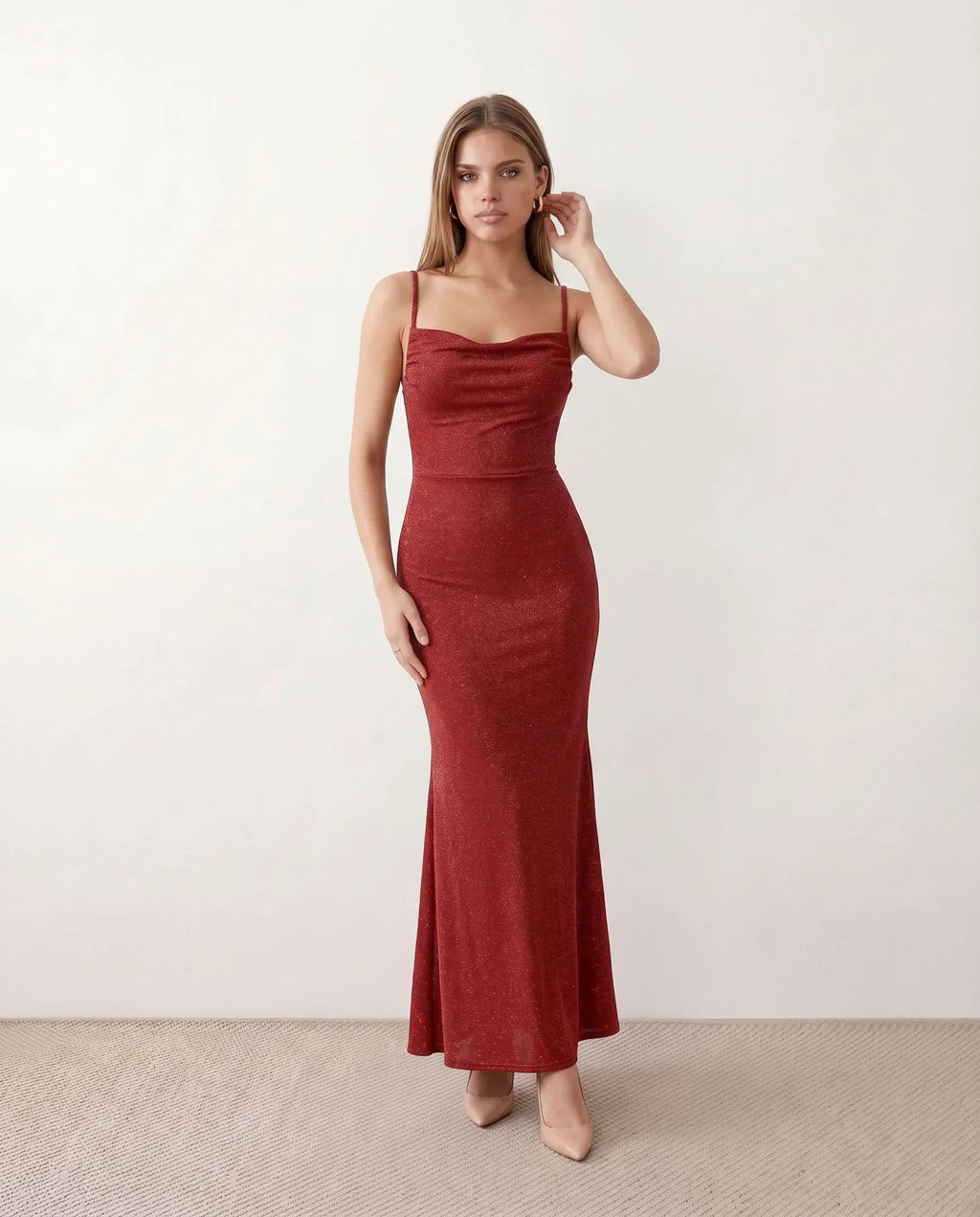 Valentina Metallic Sheen Ruched Fishtail Maxi Dress - Red