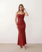 Valentina Metallic Sheen Ruched Fishtail Maxi Dress - Red