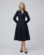 Vansa Double Breasted Long Sleeve A-Line Midi Dress - Black