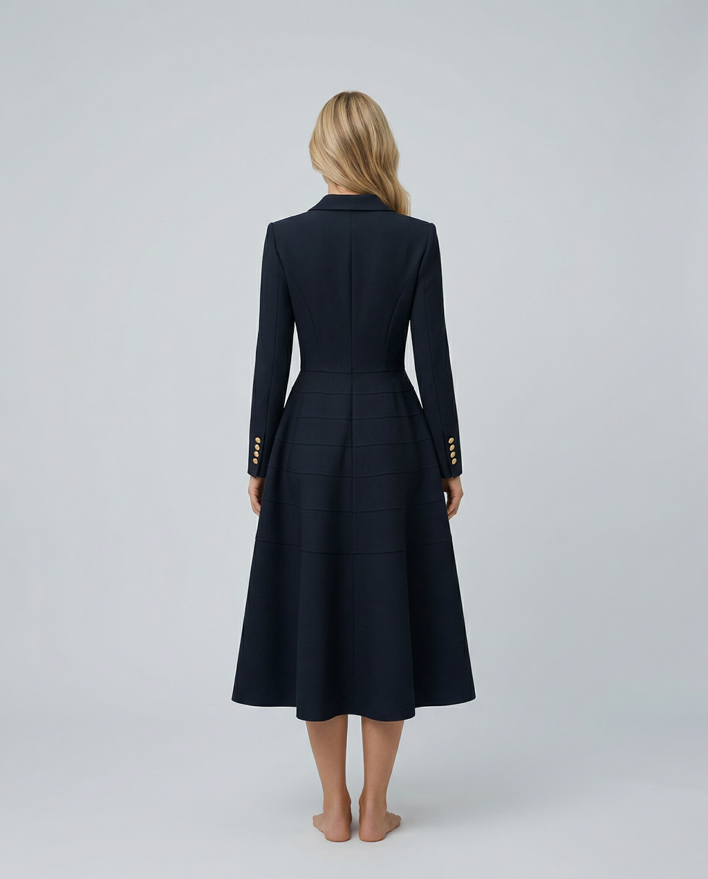 Vansa Double Breasted Long Sleeve A-Line Midi Dress - Black