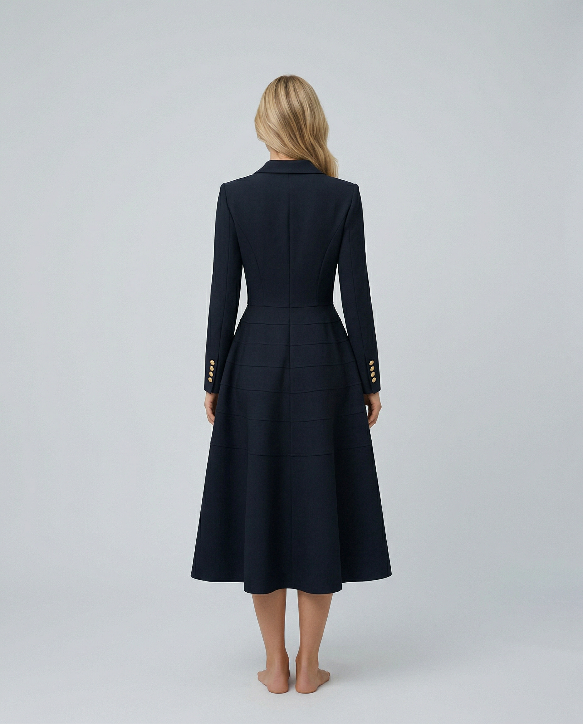 Vansa Double Breasted Long Sleeve A-Line Midi Dress - Black