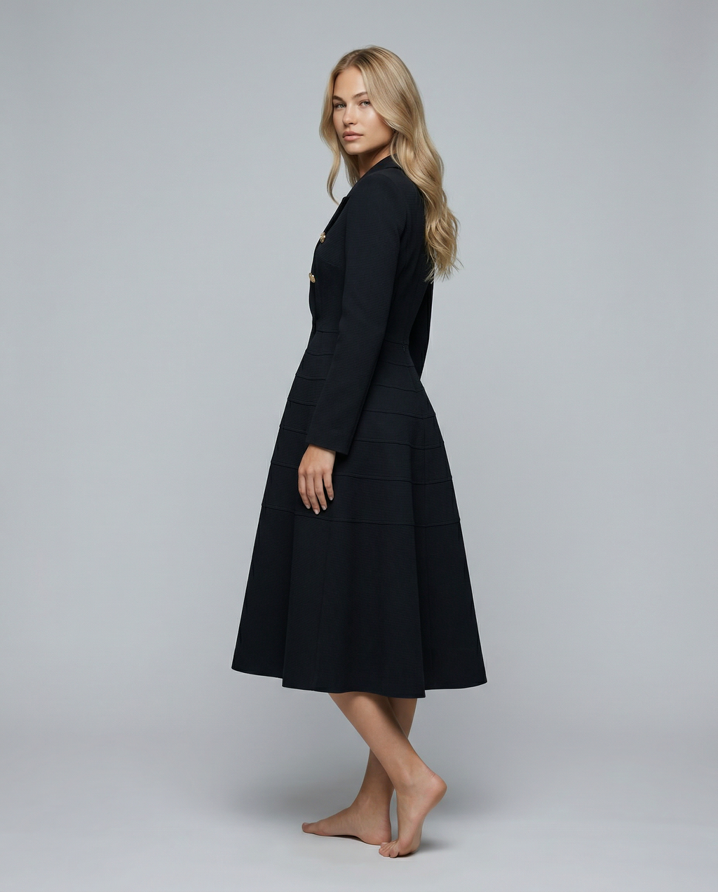 Vansa Double Breasted Long Sleeve A-Line Midi Dress - Black