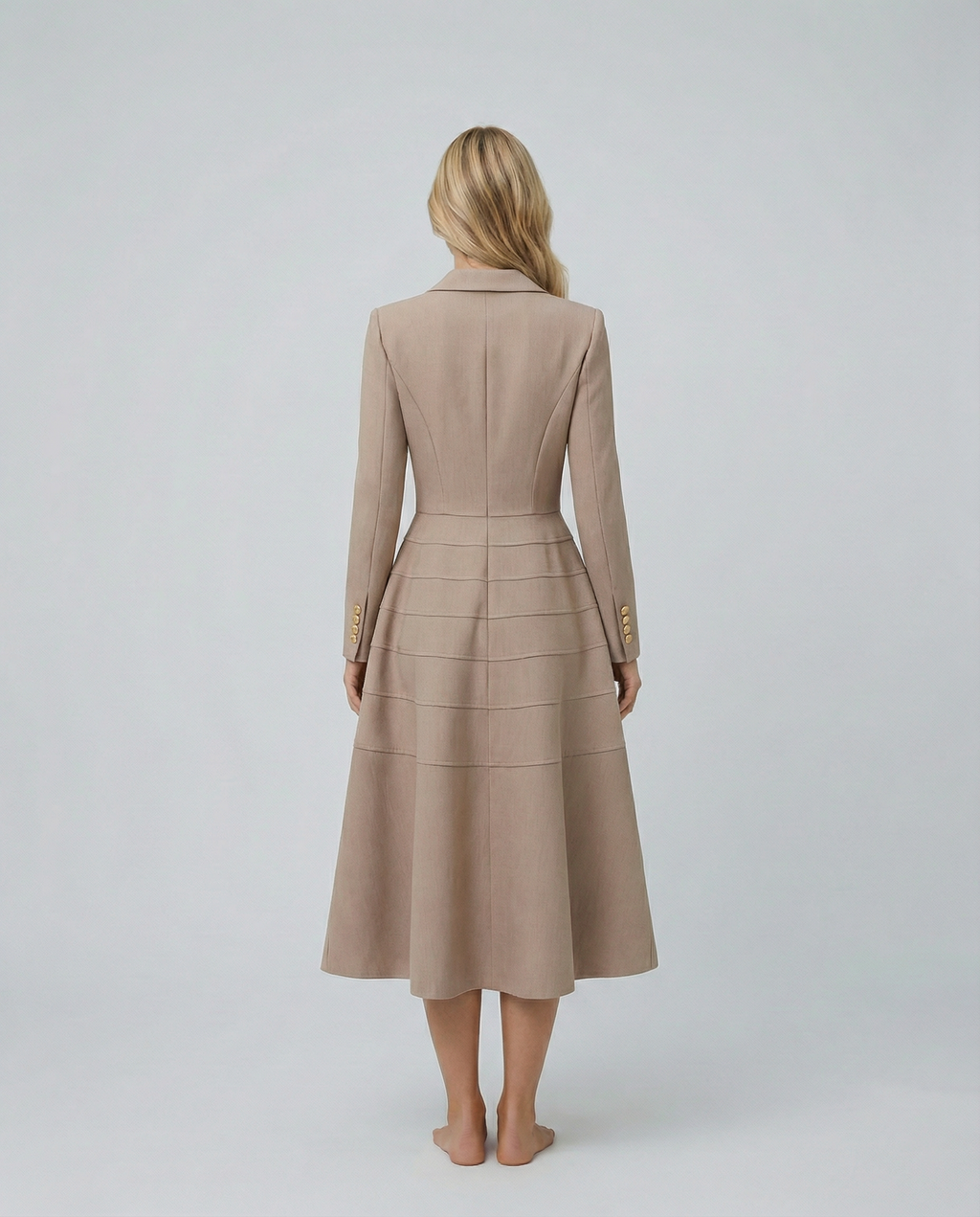 Vansa Double Breasted Long Sleeve A-Line Midi Dress - Beige
