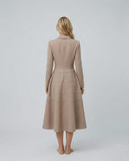 Vansa Double Breasted Long Sleeve A-Line Midi Dress - Beige
