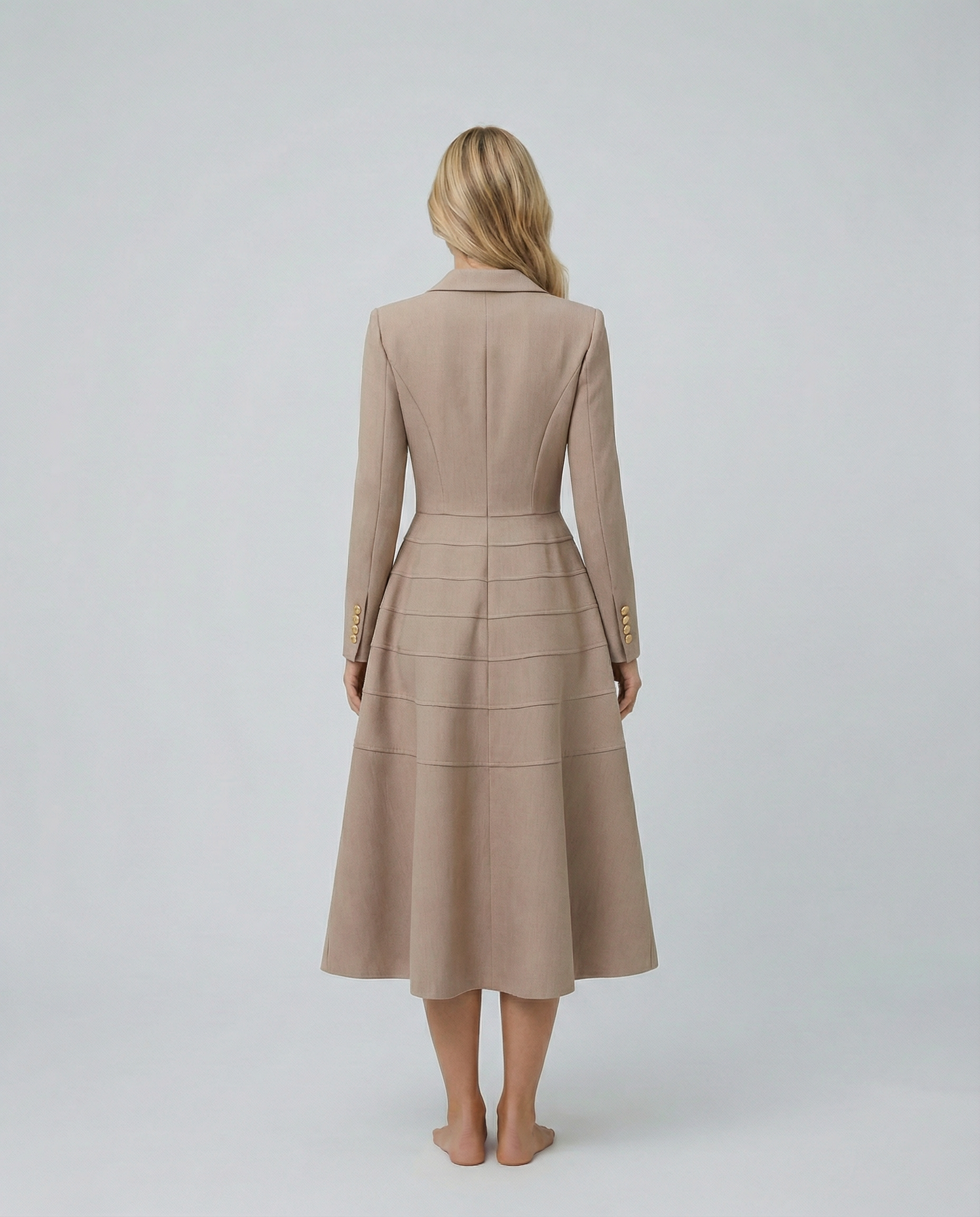 Vansa Double Breasted Long Sleeve A-Line Midi Dress - Beige