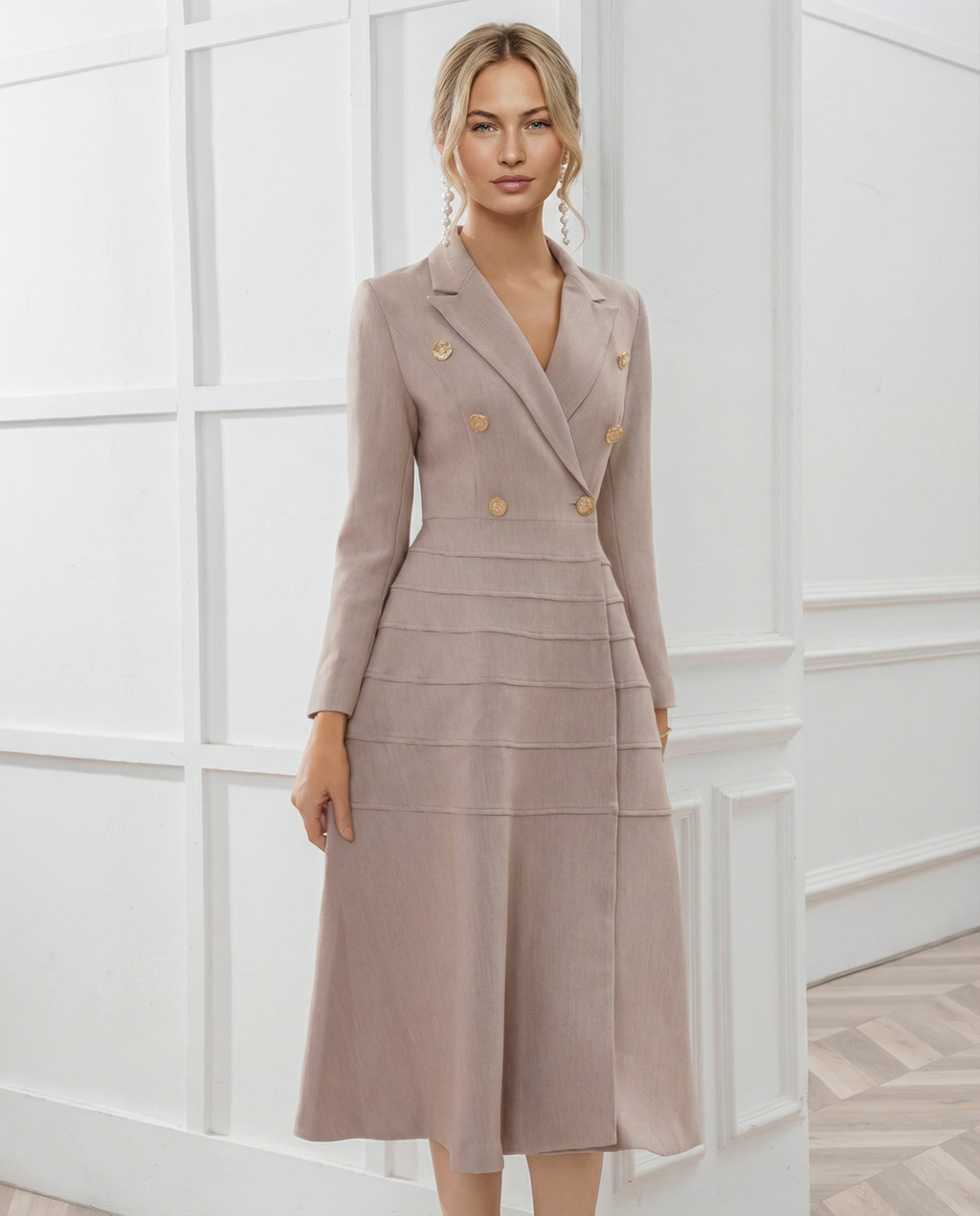 Vansa Double Breasted Long Sleeve A-Line Midi Dress - Beige