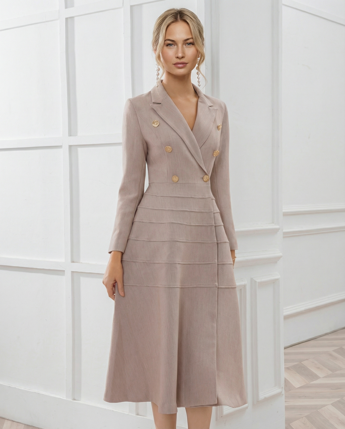 Vansa Double Breasted Long Sleeve A-Line Midi Dress - Beige