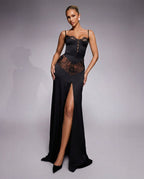Vera Black Lace And Satin Sheen Slit Maxi Dress - Black