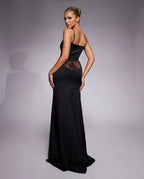 Vera Black Lace And Satin Sheen Slit Maxi Dress - Black
