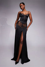 Vera Black Lace And Satin Sheen Slit Maxi Dress - Black