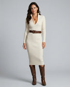Vera Long Sleeve Rib Knit Belted Column Midi Dress - Ivory