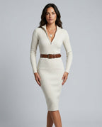 Vera Long Sleeve Rib Knit Belted Column Midi Dress - Ivory