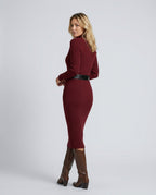 Vera Long Sleeve Rib Knit Belted Column Midi Dress - Wine Red