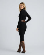 Vera Long Sleeve Rib Knit Belted Column Midi Dress - Black