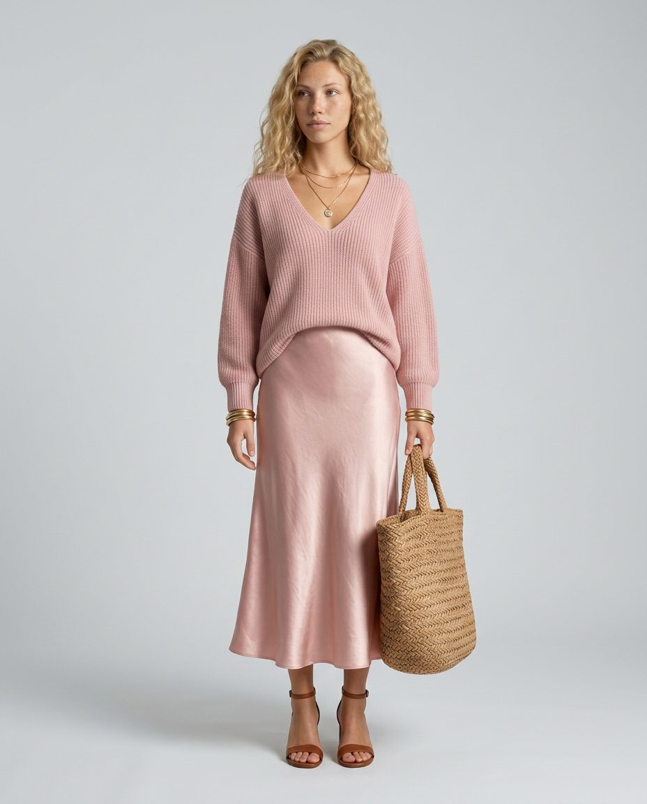 Vesna Rib Knit And Satin Sheen Midi Two Piece Set - Pink