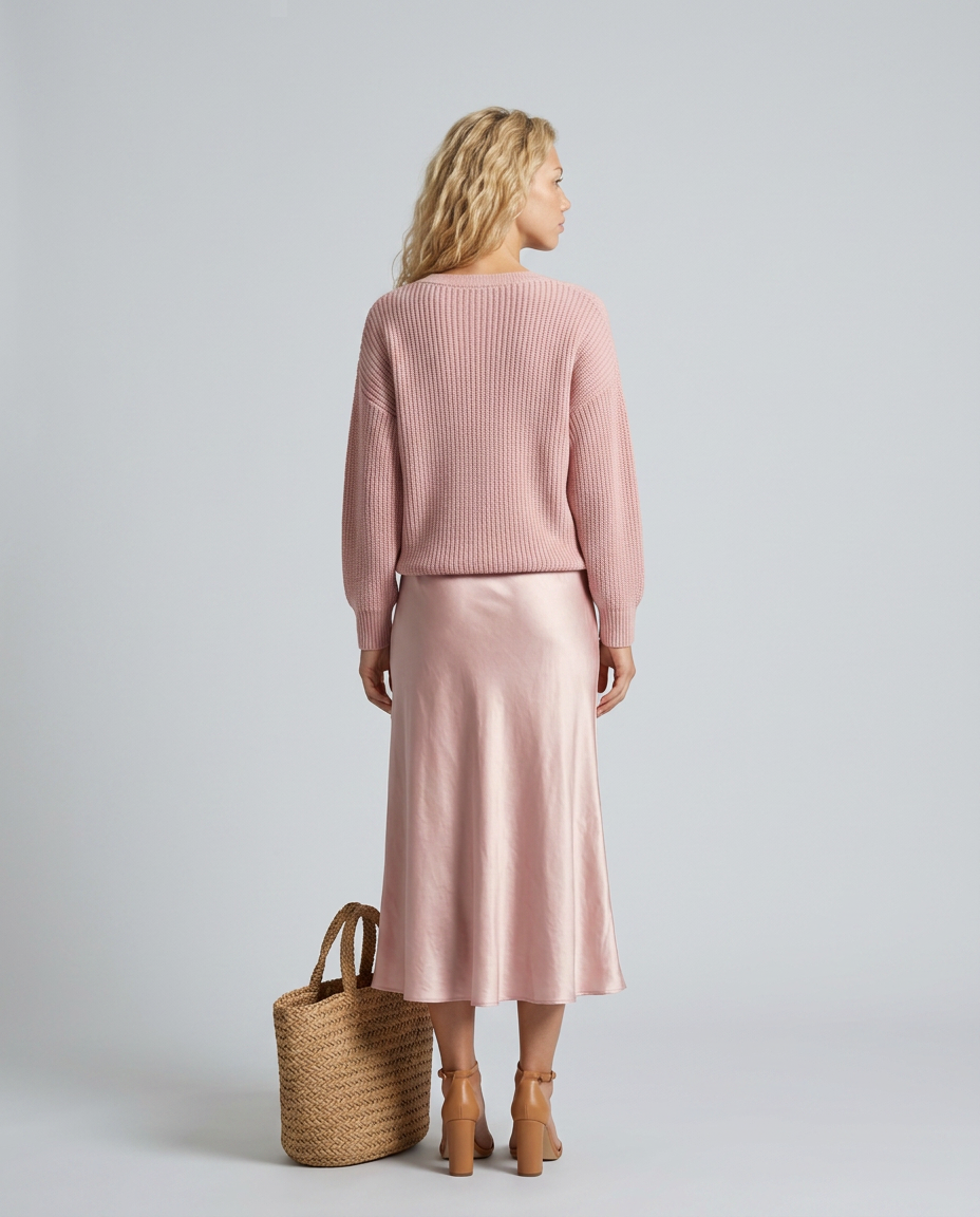 Vesna Rib Knit And Satin Sheen Midi Two Piece Set - Pink
