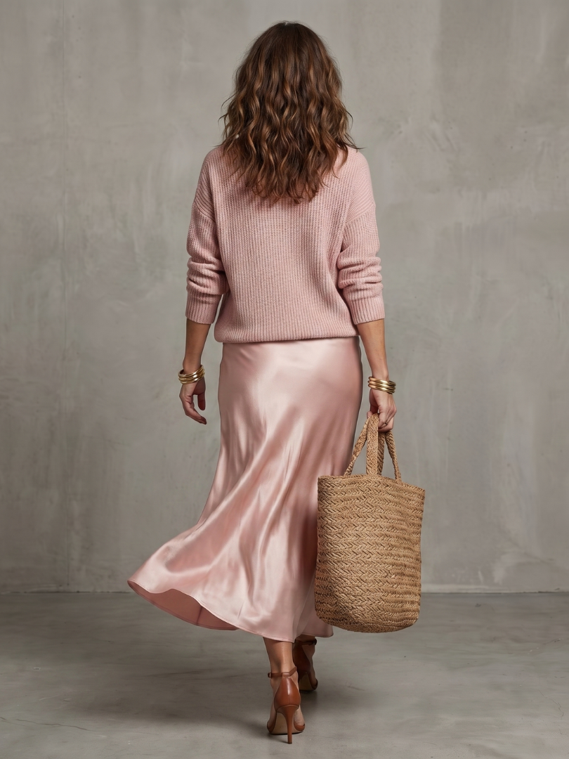 Vesna Rib Knit And Satin Sheen Midi Two Piece Set - Pink