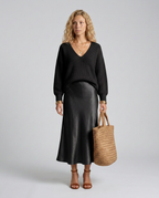 Vesna Rib Knit And Satin Sheen Midi Two Piece Set - Black