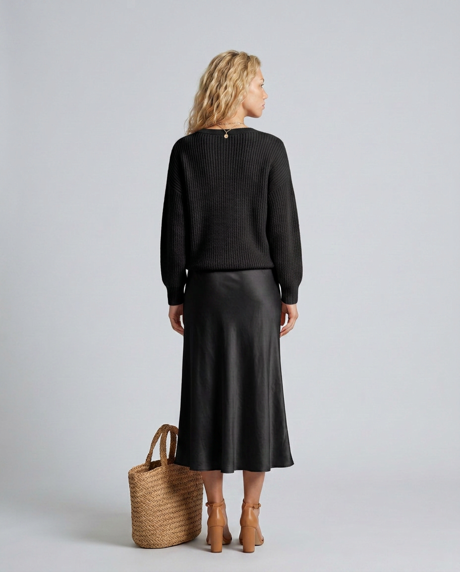 Vesna Rib Knit And Satin Sheen Midi Two Piece Set - Black