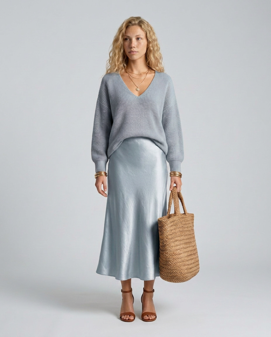 Vesna Rib Knit And Satin Sheen Midi Two Piece Set - Light Blue