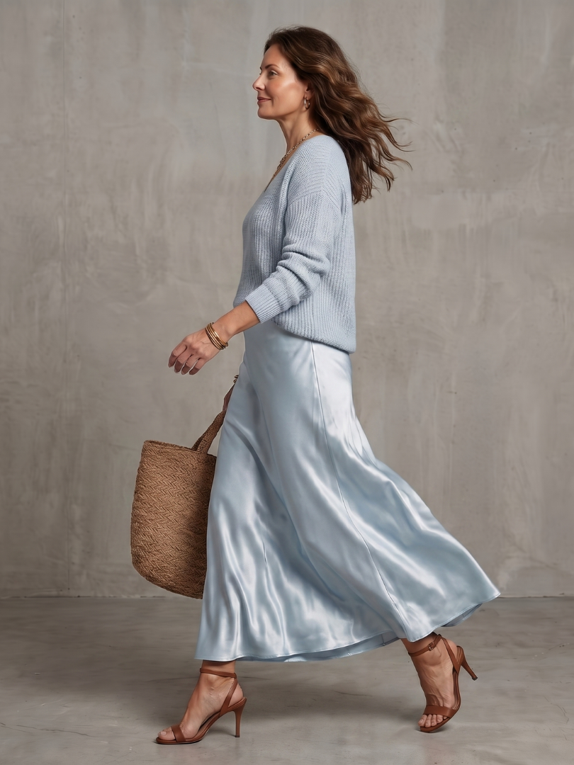 Vesna Rib Knit And Satin Sheen Midi Two Piece Set - Light Blue