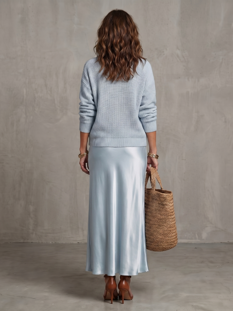 Vesna Rib Knit And Satin Sheen Midi Two Piece Set - Light Blue