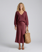 Vesna Rib Knit And Satin Sheen Midi Two Piece Set - Burgundy