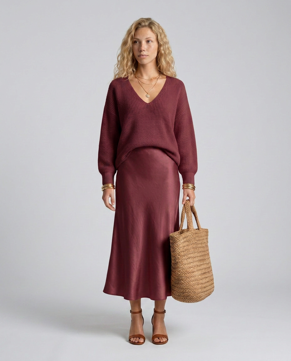 Vesna Rib Knit And Satin Sheen Midi Two Piece Set - Burgundy