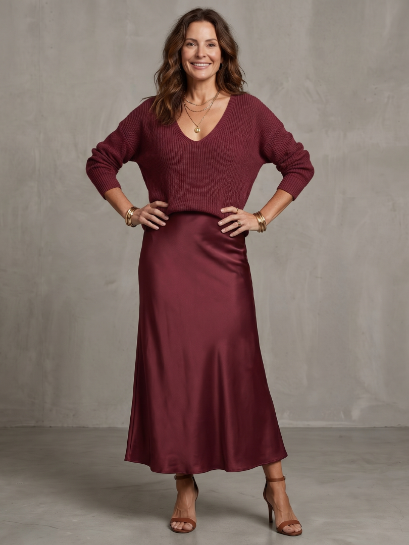 Vesna Rib Knit And Satin Sheen Midi Two Piece Set - Burgundy