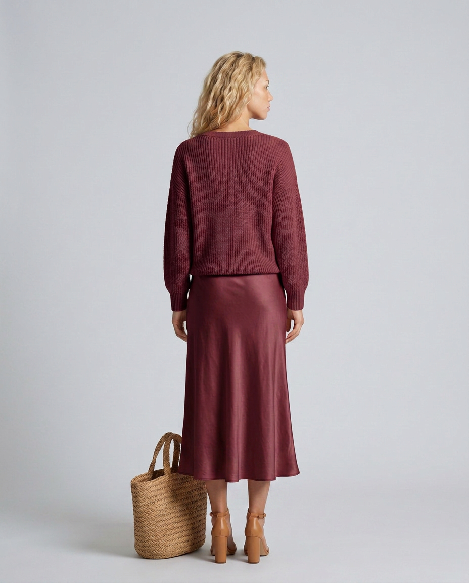 Vesna Rib Knit And Satin Sheen Midi Two Piece Set - Burgundy