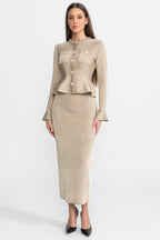 Vivienne Long Sleeve Peplum Column Midi Dress - Beige