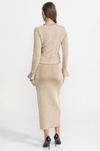 Vivienne Long Sleeve Peplum Column Midi Dress - Beige