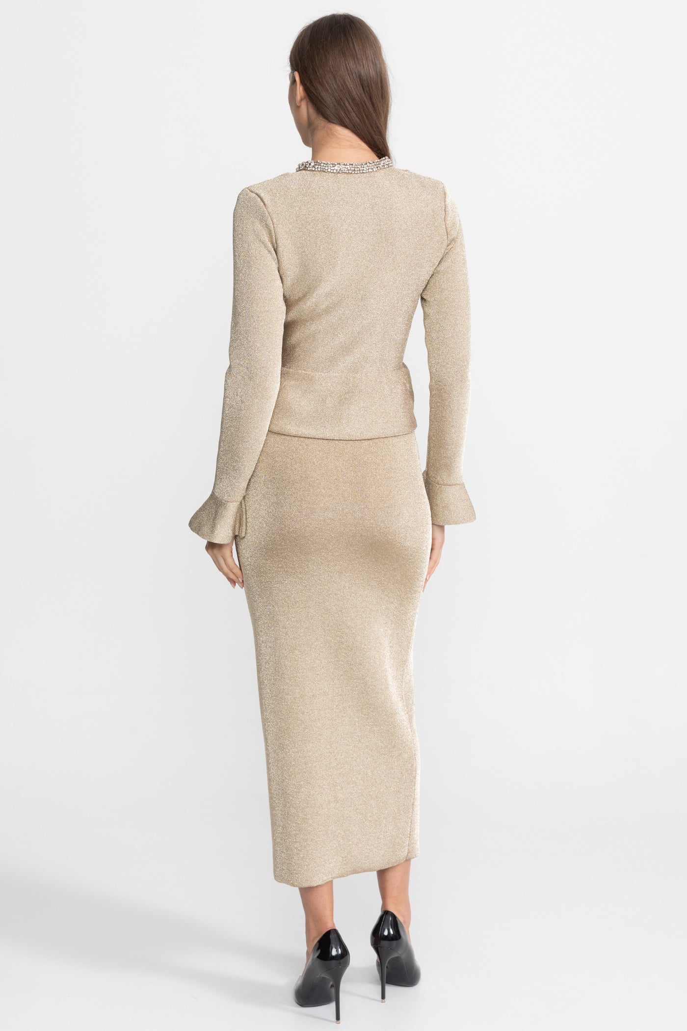 Vivienne Long Sleeve Peplum Column Midi Dress - Beige
